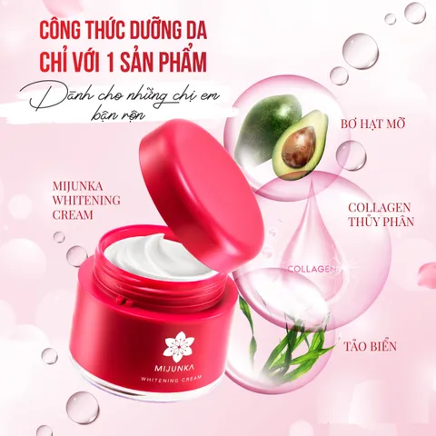 Kem Dưỡng Trắng Da Mijunka Whitening Cream Nhật Bản - Collagen Thủy Phân & 9 Loại Thảo Mộc, Giúp Da Sáng Hồng Rạng Rỡ 50g