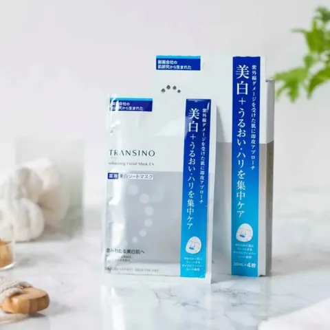 Mặt Nạ Dưỡng Trắng Transino Whitening Facial Mask Nhật Bản - Làm Sáng Da, Ngừa Nám, Chứa Vitamin C và M-tranexamic, Hộp 4 Miếng 20ml