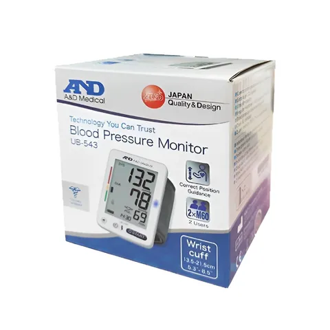 Máy Đo Huyết Áp Cổ Tay Tự Động A&D UB-543 - Màn Hình LCD Lớn, Nhỏ Gọn, Dễ Dùng, Pin AAA, Bộ Nhớ 60 Kết Quả