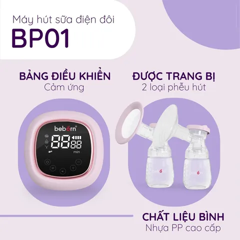 Máy Hút Sữa Điện Đôi Beborn BP01 - Bình Đựng PP Không BPA, Pin 2000mAh, 3 Chế Độ, Dễ Sử Dụng, Hỗ Trợ Mẹ Nuôi Dưỡng Bé