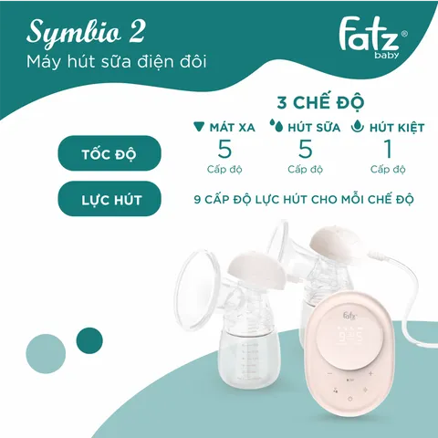 Máy Hút Sữa Điện Đôi Fatzbaby Symbio 2 FB1142RH - 3 Chế Độ Hút Mát Xa, Hút Sữa, Hút Kiệt, 9 Lực Hút, Pin 2200mAh, Tiện Lợi Cho Mẹ