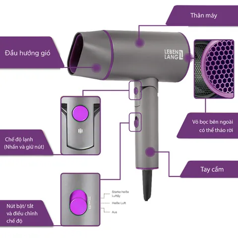 Máy Sấy Tóc Ion Âm Gấp Gọn Lebenlang LBH3088 - Công Nghệ Chăm Sóc Tóc Hiện Đại và Tiện Lợi, 2100W, Thiết Kế Du Lịch