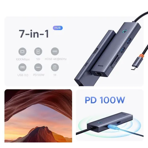 Hub Mở Rộng Đa Năng Baseus Flite Series 7in1 - Kết Nối USB, HDMI 4K, Ethernet, Thiết Bị Di Động - Thiết Kế Nhỏ Gọn, Dễ Dàng Sử Dụng