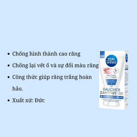 Kem đánh răng Perl Weiss Raucher Zahnweiss - Đặc biệt cho người hút thuốc, làm sạch và trắng răng, ngăn ngừa ố vàng, hương thơm dễ chịu