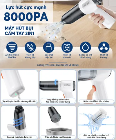 Máy Hút Bụi Cầm Tay Mini 3in1 Mifan CV103 - Lực Hút 8000Pa, Sạc Nhanh Type-C, Tiện Dụng Vệ Sinh Ô Tô, Nhà Cửa, Văn Phòng