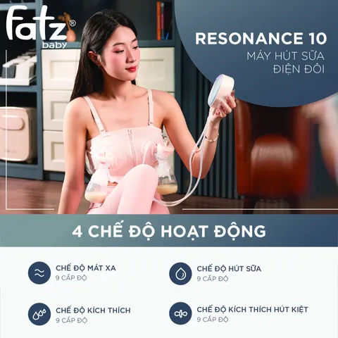 Máy Hút Sữa Điện Đôi Fatzbaby Resonance 10 FB1115VN - 4 Chế Độ, 9 Cấp Độ Hút, Pin 4400mAh, Thiết Kế Tiện Lợi, Lưu Giữ Dinh Dưỡng Cho Mẹ Và Bé