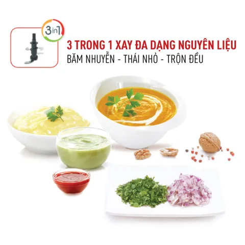 Máy Xay Thực Phẩm Đa Năng Tefal MB450B38 3 Trong 1 - Công Suất 500W, 500ml, Lưỡi Dao Inox, Xay Thịt, Xay Rau, Dễ Vệ Sinh