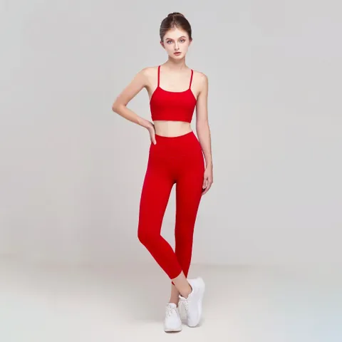 Set đồ tập gym Hibi Sports H144 - Áo bra có mút ngực + Quần lửng lưng cao, Chất liệu co giãn, Thể thao, Yoga, Gym, Đen, Đỏ