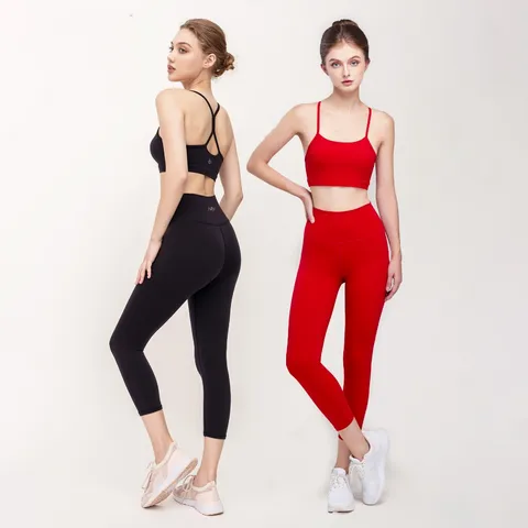 Set đồ tập gym Hibi Sports H144 - Áo bra có mút ngực + Quần lửng lưng cao, Chất liệu co giãn, Thể thao, Yoga, Gym, Đen, Đỏ