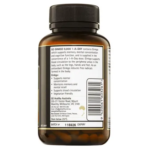 Viên uống bổ não Go Healthy Go Ginkgo 9000 - Hỗ trợ trí nhớ, giảm stress, tăng cường tuần hoàn, cải thiện tâm trạng - 60 viên
