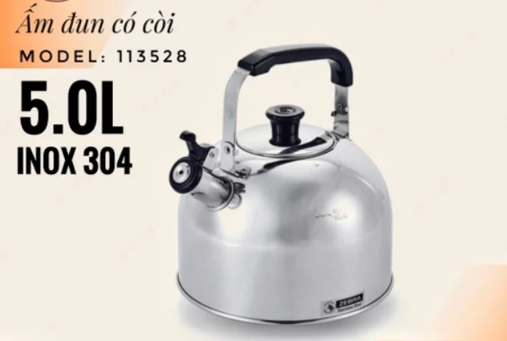 Ấm Đun Nước Inox Zebra 113528 5 Lít - Có Còi Báo Nước Sôi Chống Trào, Inox 304 Bền Bình An Toàn