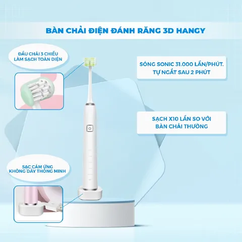 Bàn chải điện HANGY HY21 3D - Công nghệ làm sạch 58 độ, chống nước IPX7, hiệu suất vượt trội cho nụ cười rạng rỡ.
