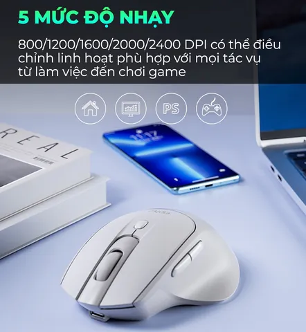 Chuột Không Dây Sạc Inphic DR2 - Chuột Gaming Ergonomic Kiểu Dáng Sang Trọng, Silent Click, Kết Nối USB và Bluetooth 4.0/5.0