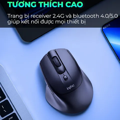 Chuột Không Dây Sạc Inphic DR2 - Chuột Gaming Ergonomic Kiểu Dáng Sang Trọng, Silent Click, Kết Nối USB và Bluetooth 4.0/5.0