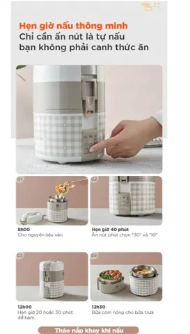 Hộp cắm cơm điện tử 3 tầng Bear DFH-A20D1 có hẹn giờ 2L - Giữ nhiệt, hấp, nấu chín tiện lợi cho gia đình