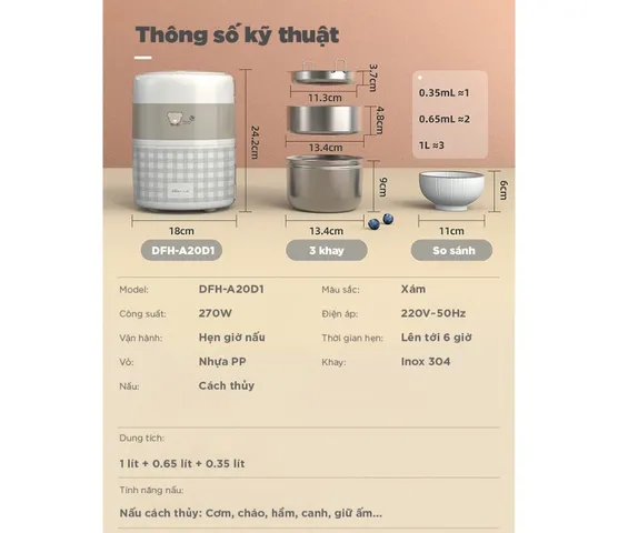 Hộp cắm cơm điện tử 3 tầng Bear DFH-A20D1 có hẹn giờ 2L - Giữ nhiệt, hấp, nấu chín tiện lợi cho gia đình