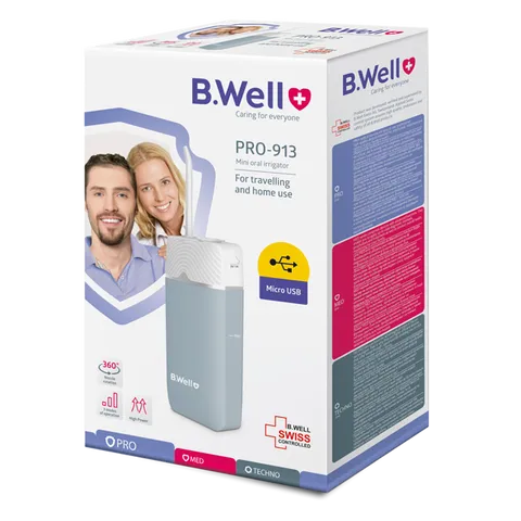Máy tăm nước B.Well Swiss Pro-913 - Thiết bị vệ sinh răng miệng cầm tay, hỗ trợ hiệu quả, nhỏ gọn, đa chế độ sạc USB tiện lợi.