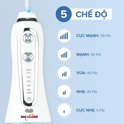 Máy tăm nước cầm tay Maxcare Max456SE 240ml - 5 chế độ, 5 đầu tăm cho răng nhạy cảm, tiện dụng cho vệ sinh răng miệng hàng ngày