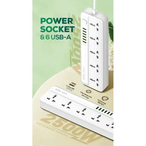 Ổ Cắm Điện Giga Electric GS-C5614 - 5 Cổng Tiêu Chuẩn & 6 Cổng USB Sạc Nhanh - Thiết Bị Gia Đình Thông Minh An Toàn Cho Trẻ Em