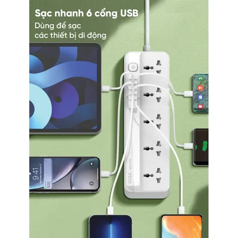 Ổ Cắm Điện Giga Electric GS-C5614 - 5 Cổng Tiêu Chuẩn & 6 Cổng USB Sạc Nhanh - Thiết Bị Gia Đình Thông Minh An Toàn Cho Trẻ Em