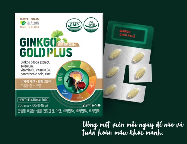 Viên Uống Hỗ Trợ Não Bộ Ginkgo Gold Plus - Chiết Xuất Bạch Quả Hàn Quốc, Tăng Cường Trí Nhớ và Tuần Hoàn Máu, Hộp 120 Viên