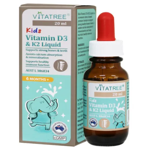 Vitatree Kids Vitamin D3 & K2 Liquid - Hỗ Trợ Hấp Thụ Canxi Cho Trẻ - Bổ Sung Vitamin D3 K2 Giúp Phát Triển Chiều Cao 20ml