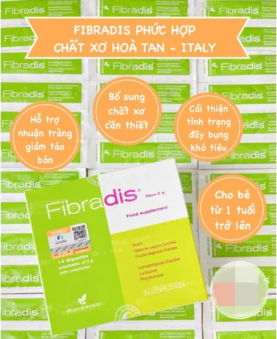 Bột uống Fibradis bổ sung chất xơ cho trẻ em từ 1 tuổi, hỗ trợ tiêu hóa, ngừa táo bón, công thức hòa tan dễ hấp thu, gói tiện lợi 14 gói x 3g