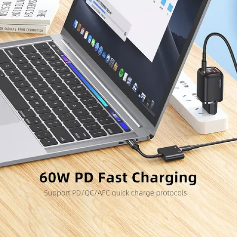 Đầu Chuyển Âm Thanh AU15 Type-C to 3.5DC USAMS US-SJ598 - Thiết Kế 2 Cổng, Hỗ Trợ Sạc Nhanh 60W, Chất Âm Tối Ưu