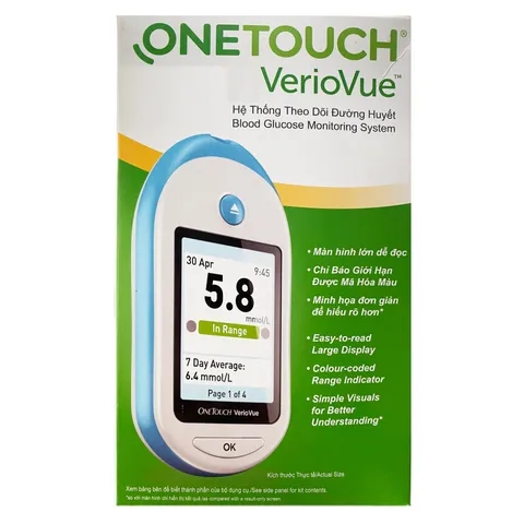 Máy Đo Đường Huyết OneTouch VerioVue - Nhanh Chóng, Chính Xác, Màn Hình LCD, Nút Đẩy Que Thử, Dùng Bluetooth, Lưu 500 Kết Quả