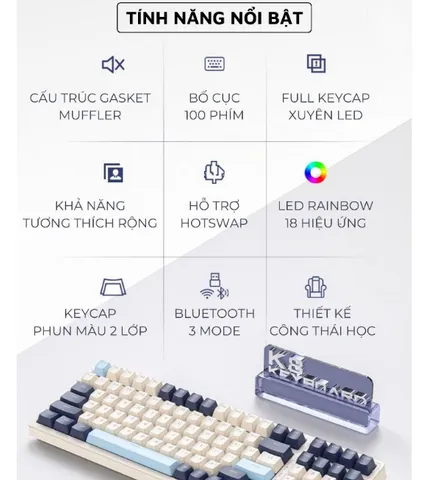 Bàn phím cơ Bluetooth K8BT Hotswap Red Switch LED Gaming - Kết nối USB 2.4Ghz và Type C, Thiết kế nhỏ gọn, 18 chế độ LED đẹp mắt
