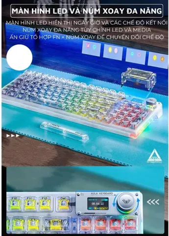 Bàn Phím Cơ Không Dây Aula F98 Pro Màn Hình LCD - LED RGB 16 Triệu Màu, Thời Gian Sử Dụng 15 Ngày, HotSwap 5 Pin, Kết Nối Bluetooth 5.0