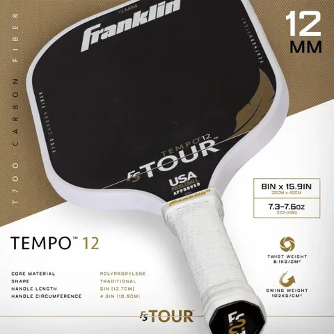 Vợt Pickleball Franklin FS Tour Featherweight 12mm - Siêu nhẹ, Chất liệu Carbon T700, Công nghệ Độc quyền, Phù hợp cho Người Chơi Nghề Nghiệp