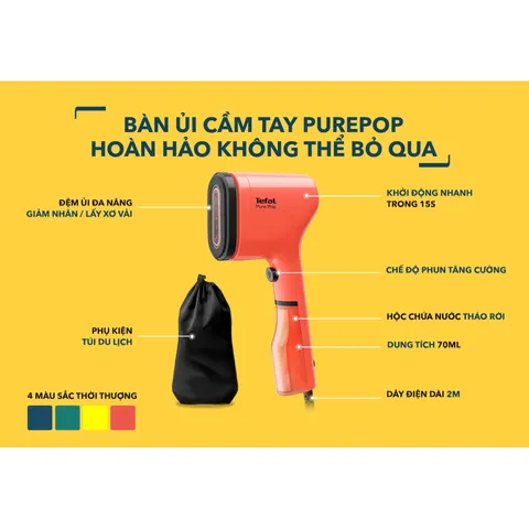 Bàn là hơi nước cầm tay Tefal Pure Pop DT2020 - Công suất 1300W, làm nóng 15s, dễ dàng mang theo, hỗ trợ là quần áo hoàn hảo