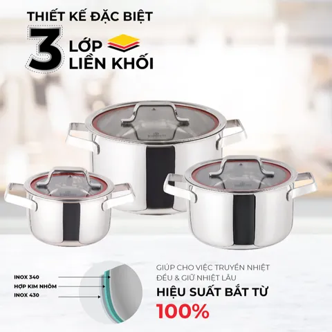 Bộ 3 Nồi Inox 3 Lớp Kalpen Emer EM1 - Dụng Cụ Nấu Ăn Đa Năng Cho Gia Đình, Kích Thước 16cm, 20cm, 24cm