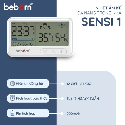 Nhiệt Ẩm Kế Điện Tử Đa Năng Có Báo Thức Beborn Sensi 1 DT01HJ - Theo Dõi Nhiệt Độ & Độ Ẩm Chính Xác, Thiết Kế Sang Trọng, Thích Hợp Cho Mọi Không Gian