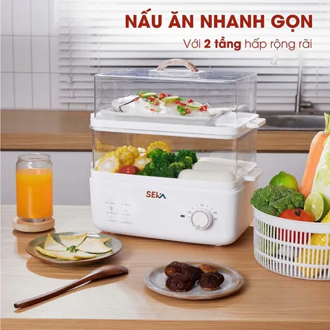 Nồi hấp điện 2 tầng đa năng SEKA - Thiết kế hiện đại 10L, hấp bánh, gà, rau củ, tiết kiệm thời gian và vẫn giữ độ tươi ngon.