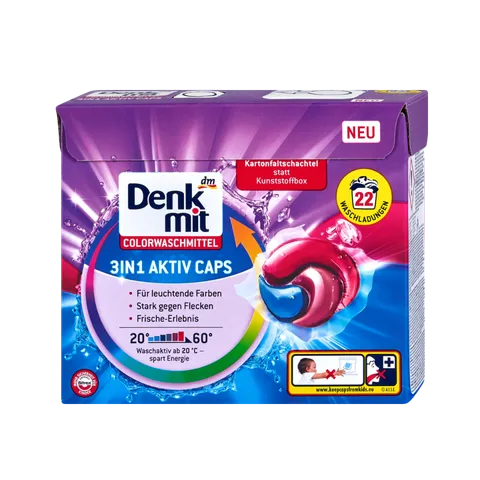 Viên giặt xả màu Denkmit 3in1 Aktiv Caps - Giặt sạch, xả cực bền màu và khử khuẩn, 22 viên tiện lợi cho quần áo thơm mát