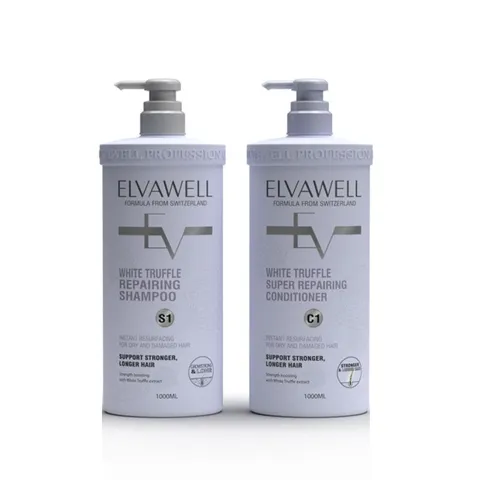 Cặp Dầu Gội Xả Phục Hồi Tóc Hư Tổn Elvawell White Truffle Repair - Dưỡng Ẩm và Chăm Sóc Tóc Mềm Mượt 1000ml