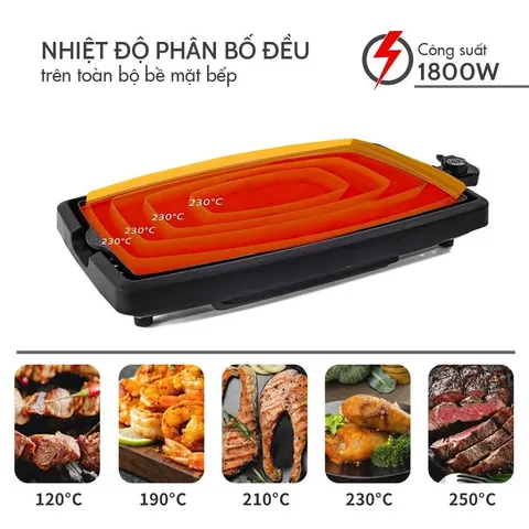 Bếp Nướng Điện Seka SK540 - 1800W Chống Dính Vân Đá, Nướng Nhanh 240 Độ C, Dễ Vệ Sinh, Bảo Toàn Dinh Dưỡng