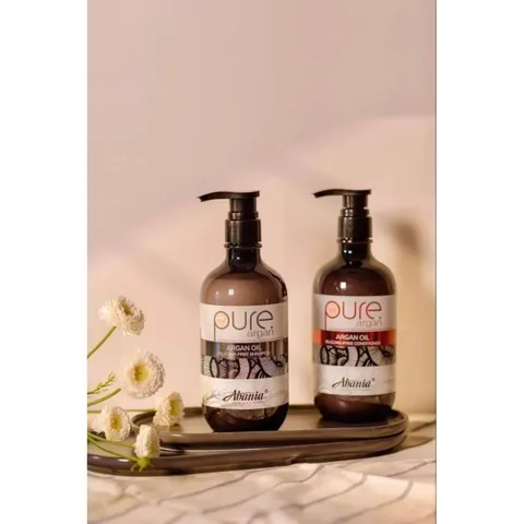 Bộ gội xả phục hồi trẻ hóa tóc Abania Pure Argan - Dưỡng tóc mềm mượt, giảm gãy rụng, chứa tinh dầu Argan và collagen 500ml