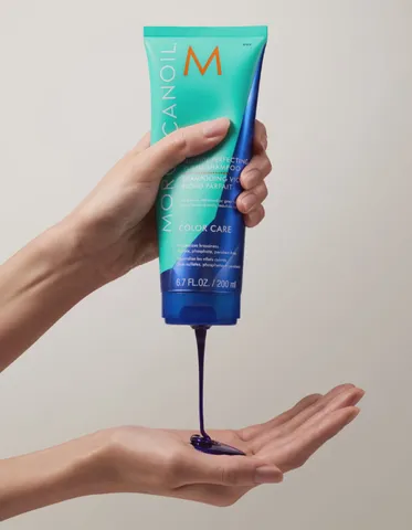 Bộ Gội Xả Tím Khử Vàng Moroccanoil Blonde Perfecting Purple 400ml - Giúp Duy Trì Màu Nhuộm Tóc Sáng, Chống Ngả Màu Đồng