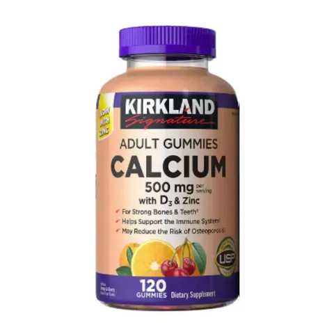 Kẹo dẻo bổ sung Canxi KIRKLAND 500mg với D3 - Hương vị cam và anh đào, hỗ trợ xương khỏe mạnh, 120 viên cho người lớn