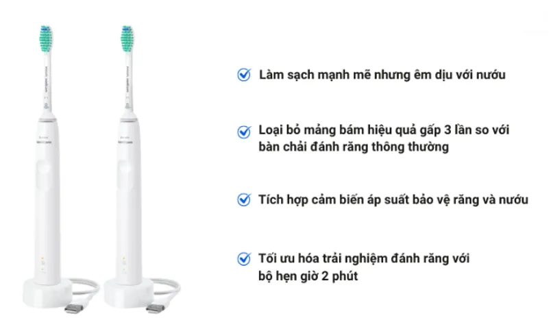 Bộ 2 Bàn Chải Đánh Răng Điện Philips HX3675/13 Series 3100 Màu Trắng - Công Nghệ Tiên Tiến, Làm Sạch Nhẹ Nhàng, Cảm Biến Áp Lực