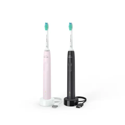 Bộ 2 Bàn Chải Đánh Răng Điện Philips HX3675/15 Series 3100 - Công Nghệ Làm Sạch Mạnh Mẽ, Bảo Vệ Nướu Lợi, Màu Hồng và Đen