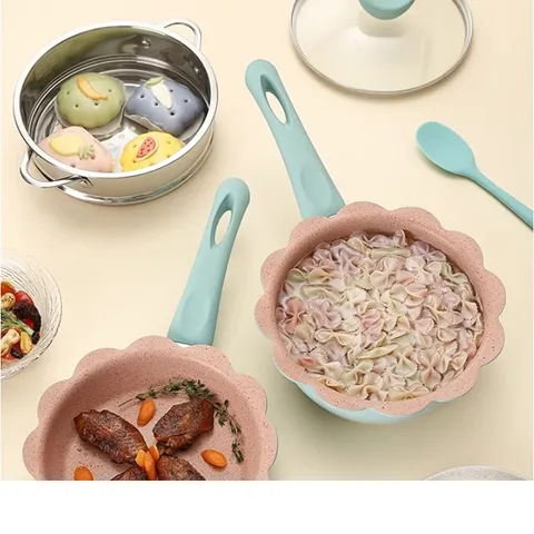 Bộ Nồi Chảo Vân Đá Seka SKV8 3 Chi Tiết Có Xửng Hấp - Chống Dính, Kích Thước 16cm, Phụ Kiện Chế Biến Thức Ăn Dặm Cho Trẻ.