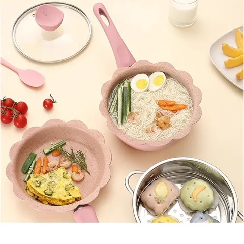 Bộ Nồi Chảo Vân Đá Seka SKV8 3 Chi Tiết Có Xửng Hấp - Chống Dính, Kích Thước 16cm, Phụ Kiện Chế Biến Thức Ăn Dặm Cho Trẻ.
