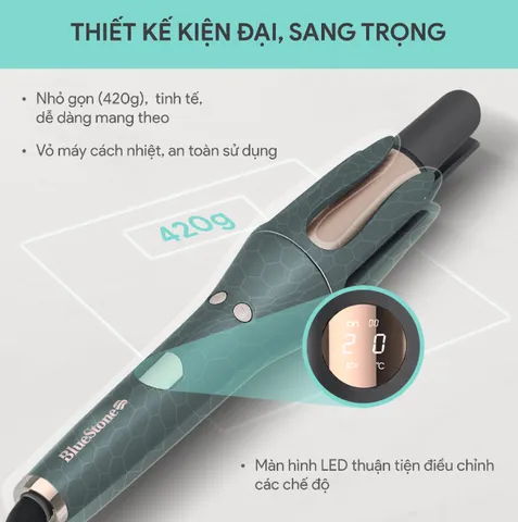 Máy Uốn Tóc Tự Động 360 BlueStone HSB-1738 - Công Nghệ Hẹn Giờ SmartTime, Trục Uốn 32mm Tạo Lọn Xoăn Nhanh Chóng