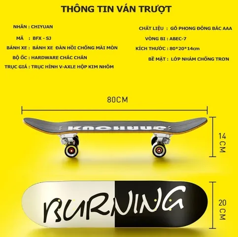 Ván trượt người lớn Skateboard Chiyuan Pro nhám gỗ ép, bánh xe phát sáng, chịu lực 180kg - Dụng cụ thể thao phong cách đường phố