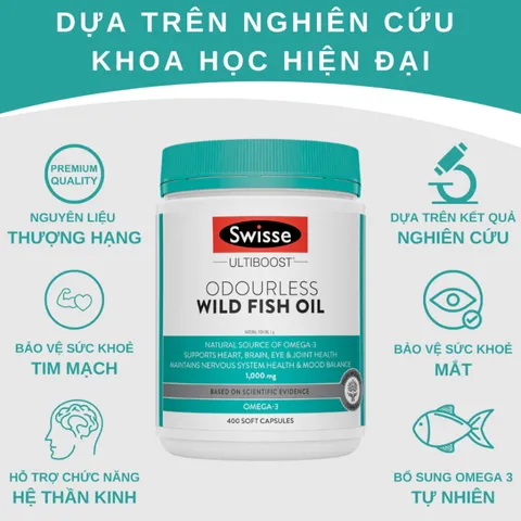Viên uống dầu cá Swisse Ultiboost 1000mg Không Mùi - Hỗ Trợ Tim Mạch, Não Bộ và Xương Khớp, Bổ Sung Omega-3 Từ Cá Tự Nhiên