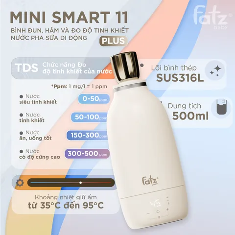 Bình hâm sữa di động Fatzbaby Mini Smart 11 Plus FB3804FD - Công nghệ TDS, giữ ấm từ 35-95°C, tiện lợi mọi lúc mọi nơi.